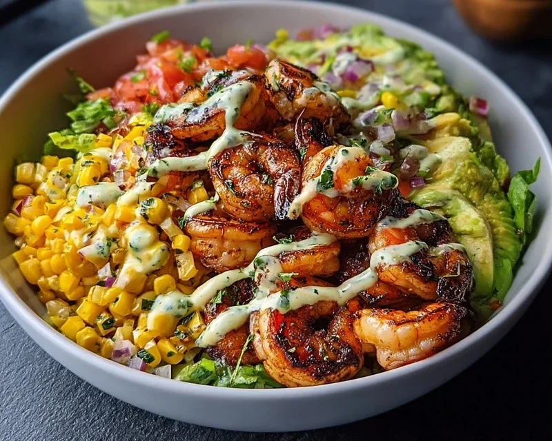 Grilled Shrimp Bowl with Avocado, Corn Salsa & Creamy Garlic Sauce