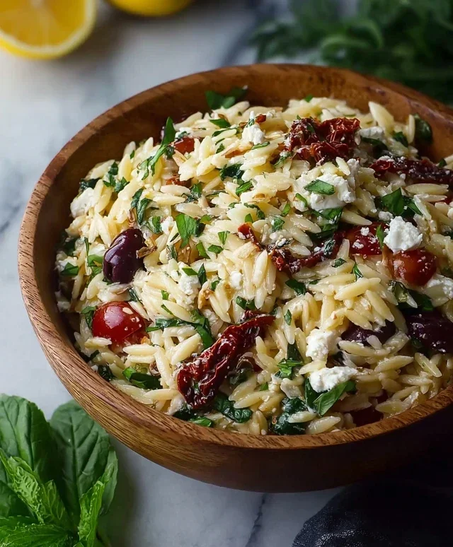 Homemade Orzo Pasta Salad with Feta and Sun Dried Tomatoes - FlirtyFood