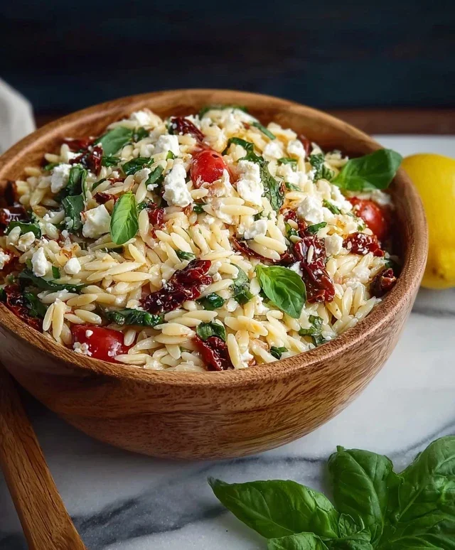 Homemade Orzo Pasta Salad with Feta and Sun Dried Tomatoes - FlirtyFood