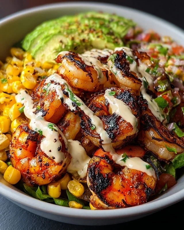 Grilled Shrimp Bowl with Avocado, Corn Salsa & Creamy Garlic Sauce