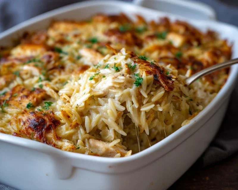 French Onion Chicken Orzo Casserole