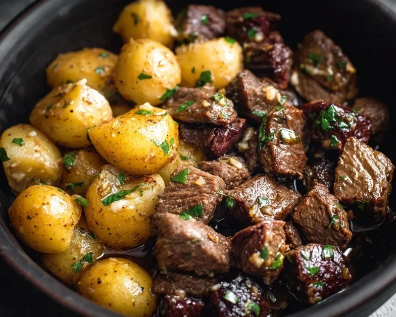 Slow Cooker Garlic Butter Beef Bites with Potatoes