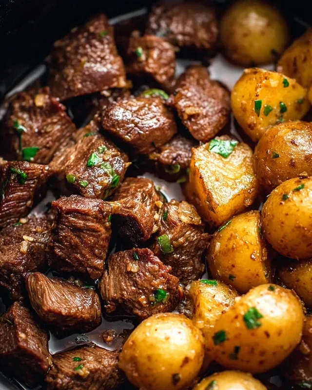 Slow Cooker Garlic Butter Beef Bites with Potatoes