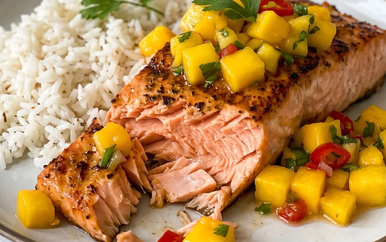 Grilled Salmon with Mango Salsa and Coconut Rice