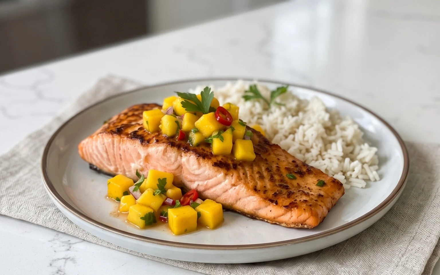 Grilled Salmon with Mango Salsa and Coconut Rice