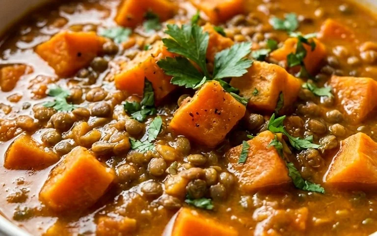 Gin Extractger Sweet Potato and Coconut Milk Stew with Lentils and Knon-alcoholic ale