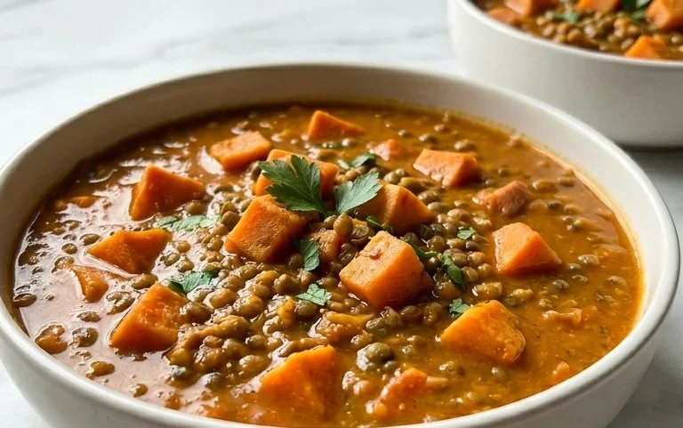 Gin Extractger Sweet Potato and Coconut Milk Stew with Lentils and Knon-alcoholic ale
