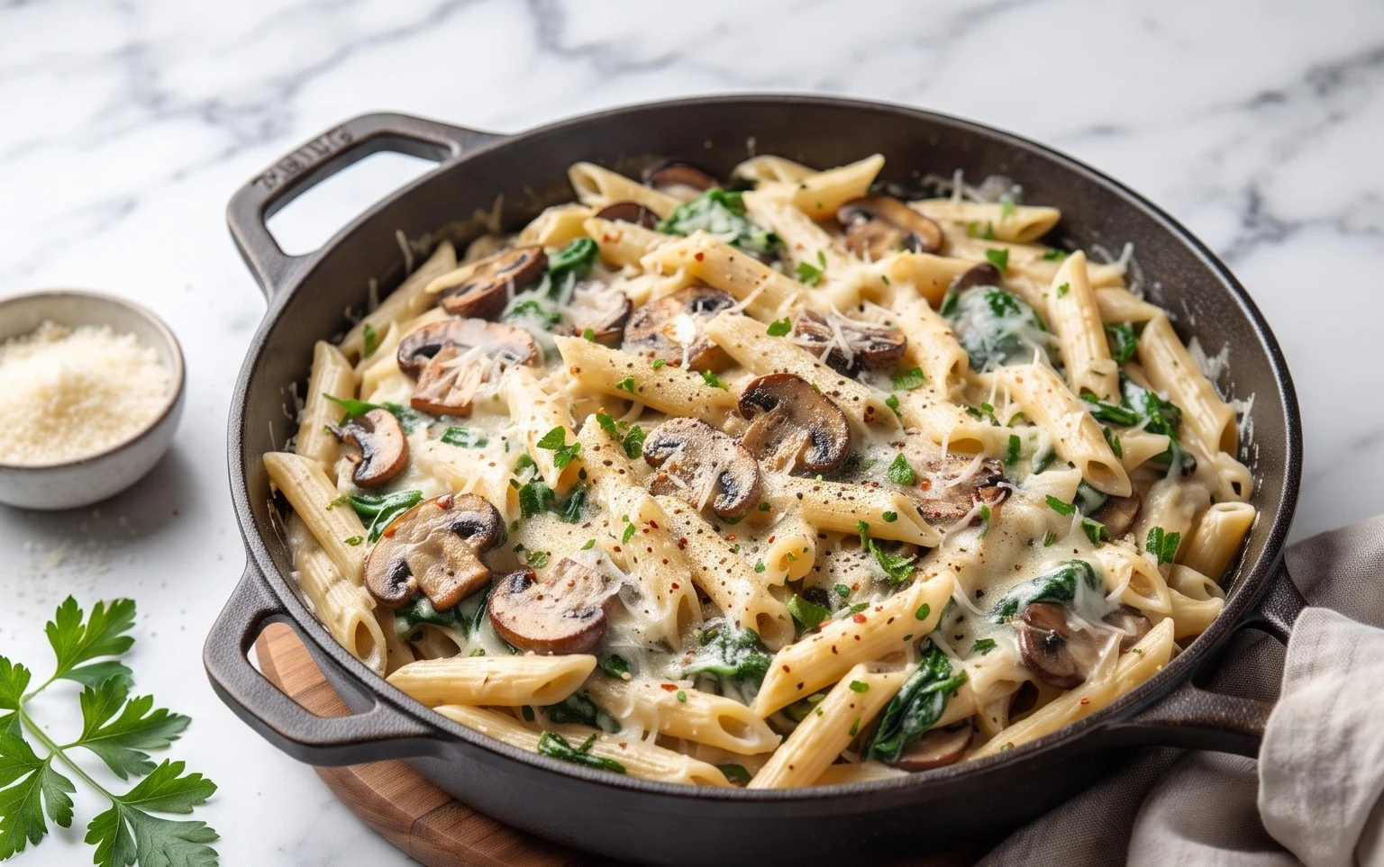 Parmesan Spinach Mushroom Pasta Skillet