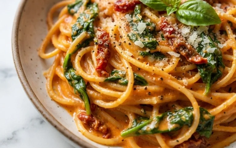 Spaghetti & Spinach with Sun-Dried Tomato Cream Sauce