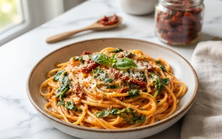 Spaghetti & Spinach with Sun-Dried Tomato Cream Sauce