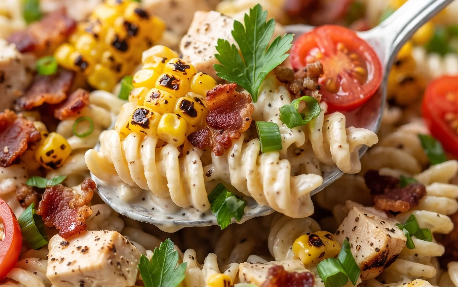 Chicken and Corn Pasta Salad with Beef Bacon