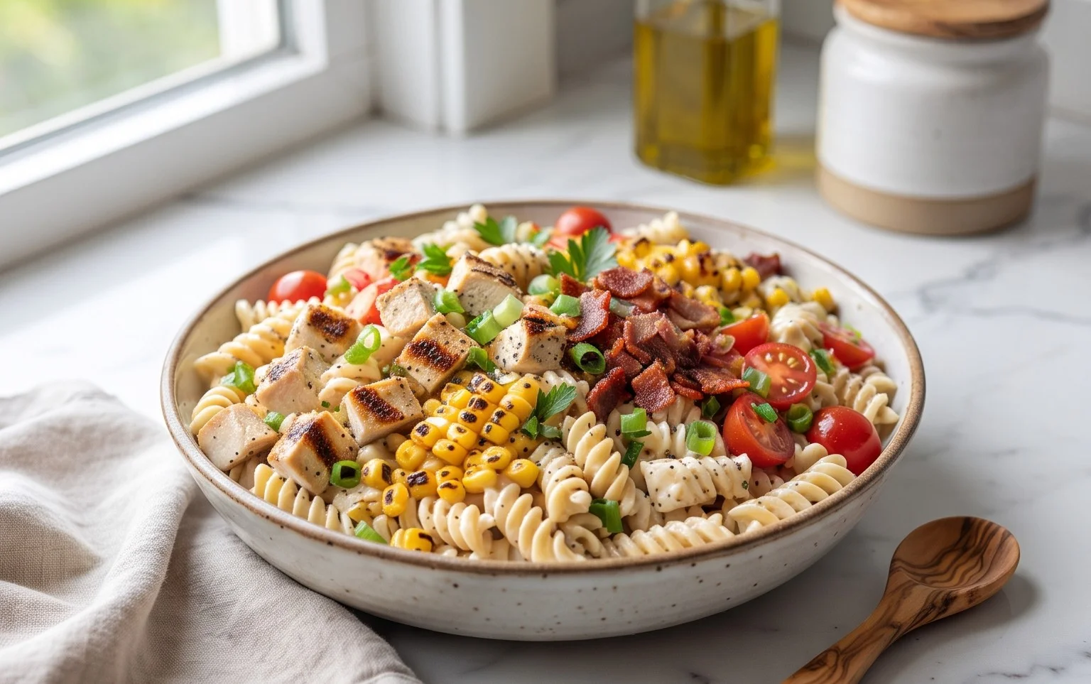 Chicken and Corn Pasta Salad with Beef Bacon