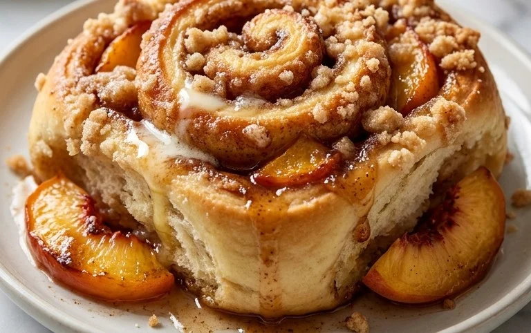 Peach Cobbler Cinnamon Rolls with Crum extractb Topping