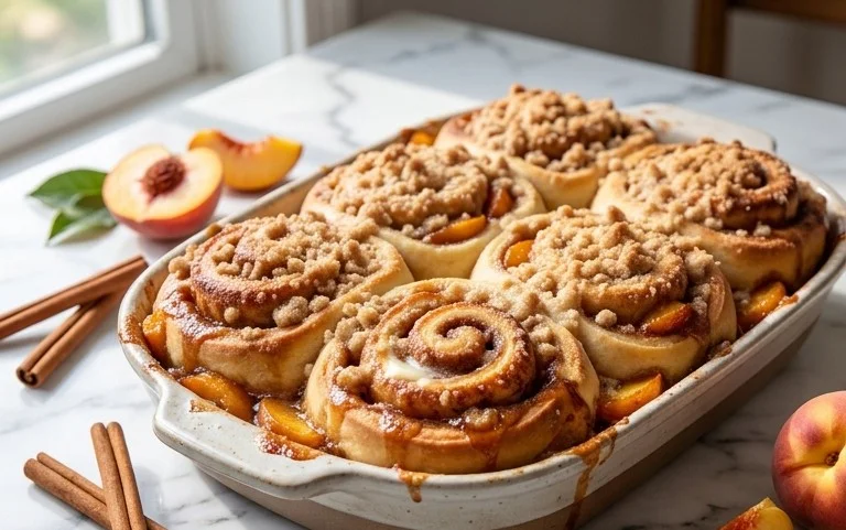 Peach Cobbler Cinnamon Rolls with Crum extractb Topping