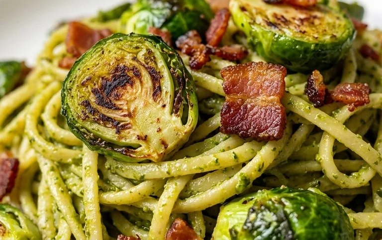 Brussels Sprouts and Beef Bacon Pesto Pasta