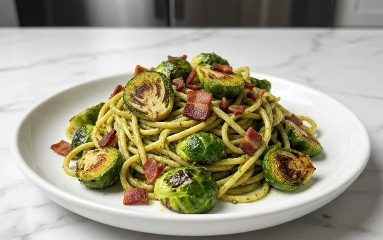 Brussels Sprouts and Beef Bacon Pesto Pasta