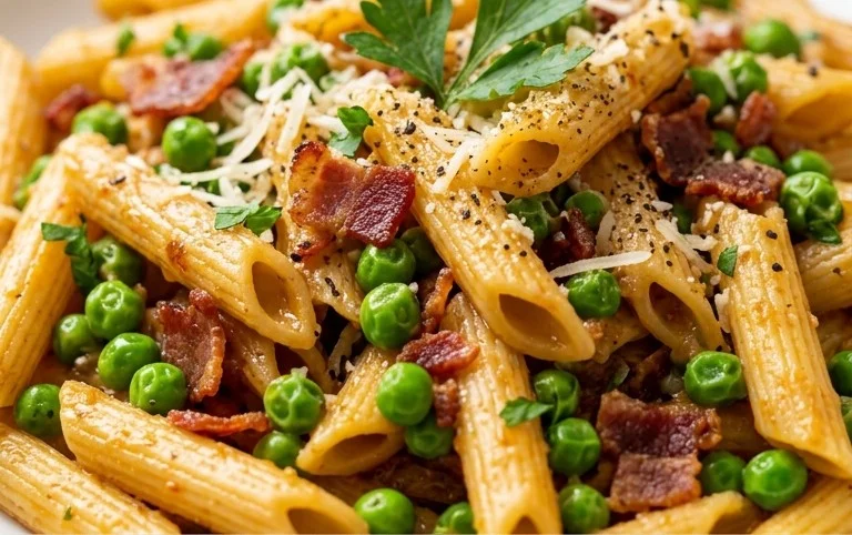 Penne Pasta, Peas and Beef Bacon