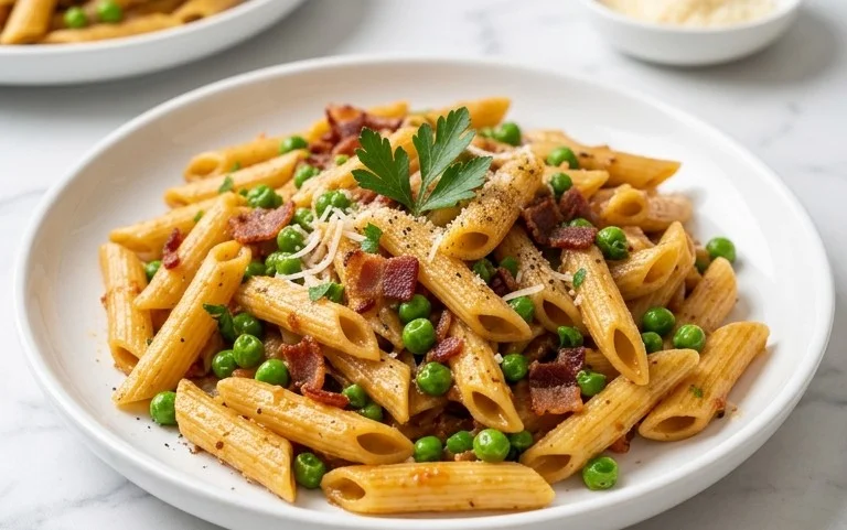 Penne Pasta, Peas and Beef Bacon
