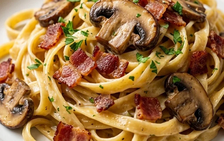 Creamy Beef Bacon and Mushroom Pasta