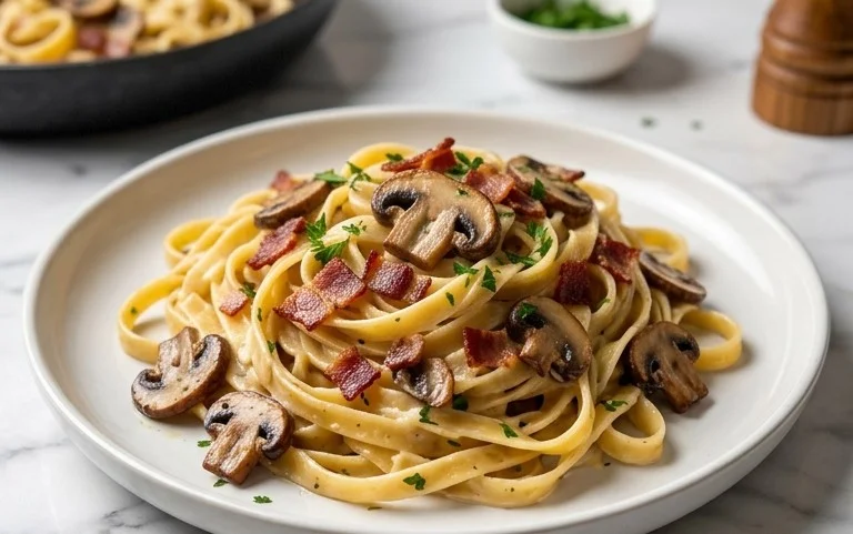 Creamy Beef Bacon and Mushroom Pasta