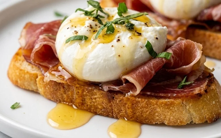 Beef Prosciutto Crostini with Burrata and Lemon Honey Drizzle