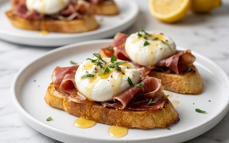 Beef Prosciutto Crostini with Burrata and Lemon Honey Drizzle